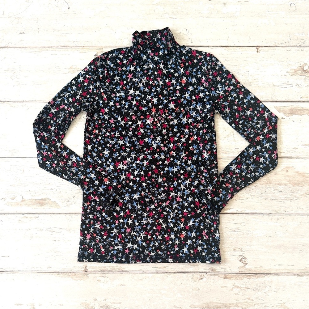 Girls XS 4/5 Long Sleeve Top Turtleneck Shirt Blue Red Star Print Size 4T 5T